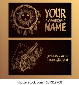 Cards with the image of a wreath made of twigs, a sun and a pistol. Templates for creating business cards, posters, advertising pages.