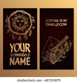 Cards with the image of a wreath made of twigs, a sun and a pistol. Templates for creating business cards, posters, advertising pages.