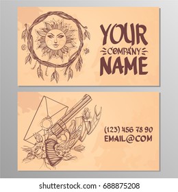 Cards with the image of a wreath made of twigs, a sun and a pistol. Templates for creating business cards, posters, advertising pages.