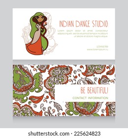 cards for indian dance studio with paisley ornament and cute indian woman, vector illustration