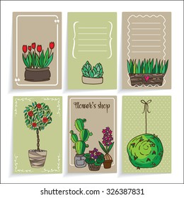 Cards of indoor plants. It contains geranium, begonia and other plants in colorful pots. White background. Painted in scribbles.