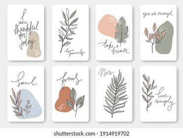 Cards with inspiration quotes and botanical illustrations. Vector minimalism art