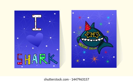 Cards for invitations to the birthday party baby shark. Cute cartoon character fish. Marine decor and inscriptions. Funny letters with a picture. Against the background of fireworks and stars.