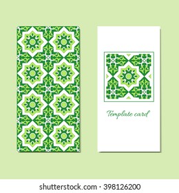 Cards or invitations collection with green tiles ornament, geometric pattern. Ornamental design elements for fabric or paper print. Template for greeting card, Bridal shower, or Birthday Invitations.