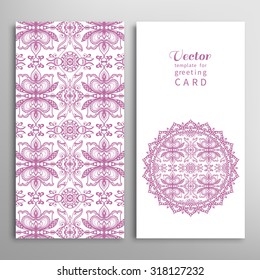 Cards or Invitations collection with Mandala round ornament, floral geometric lace pattern. Vintage decorative design elements for fabric or paper print
