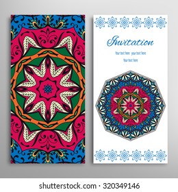 Cards or Invitations collection with Mandala round ornament, floral geometric lace pattern. Vintage decorative design elements for fabric or paper print