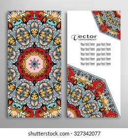Cards or Invitations collection with Mandala round ornament, floral geometric lace pattern. Vintage decorative design elements for fabric or paper print