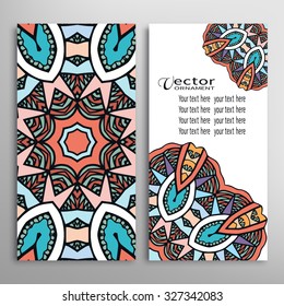 Cards or Invitations collection with Mandala round ornament, floral geometric lace pattern. Vintage decorative design elements for fabric or paper print