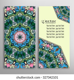 Cards or Invitations collection with Mandala round ornament, floral geometric lace pattern. Vintage decorative design elements for fabric or paper print