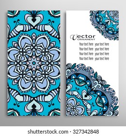 Cards or Invitations collection with Mandala round ornament, floral geometric lace pattern. Vintage decorative design elements for fabric or paper print