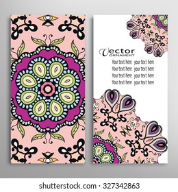 Cards or Invitations collection with Mandala round ornament, floral geometric lace pattern. Vintage decorative design elements for fabric or paper print