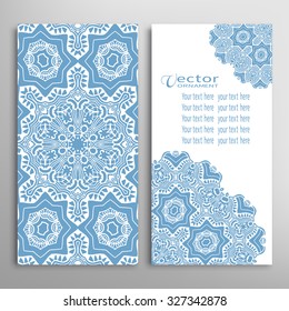 Cards or Invitations collection with Mandala round ornament, floral geometric lace pattern. Vintage decorative design elements for fabric or paper print