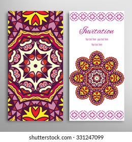 Cards or Invitations collection with Mandala round ornament, floral geometric pattern. Vintage decorative design elements for fabric or paper print. Abstract graphic background