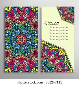 Cards or Invitations collection with Mandala round ornament, floral geometric pattern. Vintage decorative design elements for fabric or paper print. Abstract graphic background