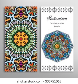 Cards or Invitations collection with Mandala round ornament, floral geometric lace pattern. Vintage decorative design elements for fabric or paper print