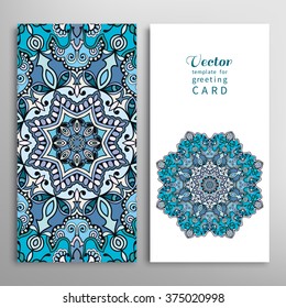 Cards or Invitations collection with Mandala round ornament, floral geometric lace pattern. Vintage decorative design elements for fabric or paper print