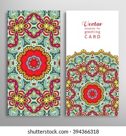 Cards or Invitations collection with Mandala round ornament elements, floral geometric pattern. Vintage decorative design for fabric or paper print