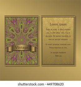 Cards or Invitations collection with Mandala round ornament, floral geometric pattern, colorful snowflake. Vintage decorative design elements for fabric or paper print. Template for greeting card.