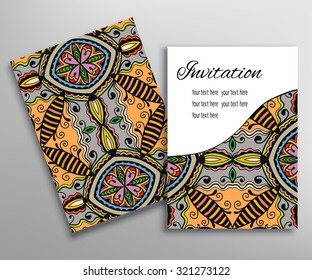 Cards or Invitations collection with seamless texture and asymmetric tribal ethnic ornament, floral geometric lace pattern. Vintage decorative abstract background