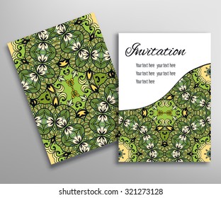 Cards or Invitations collection with seamless texture and asymmetric tribal ethnic ornament, floral geometric lace pattern. Vintage decorative abstract background