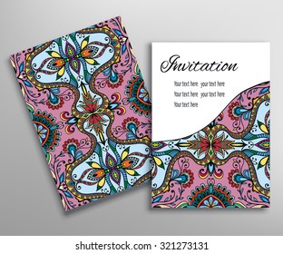 Cards or Invitations collection with seamless texture and asymmetric tribal ethnic ornament, floral geometric lace pattern. Vintage decorative abstract background