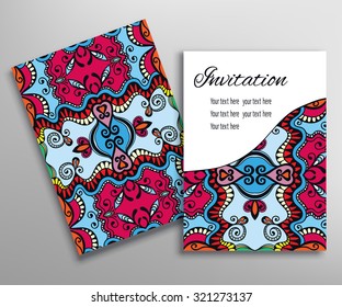 Cards or Invitations collection with seamless texture and asymmetric tribal ethnic ornament, floral geometric lace pattern. Vintage decorative abstract background