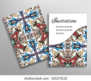 Cards or Invitations collection with seamless texture and asymmetric tribal ethnic ornament, floral geometric lace pattern. Vintage decorative abstract background