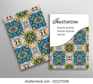 Cards or Invitations collection with seamless texture and asymmetric tribal ethnic ornament, floral geometric lace pattern. Vintage decorative abstract background