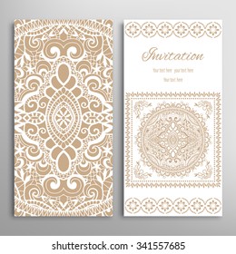 Cards or Invitations collection with tribal ethnic square ornament, floral geometric lace pattern. Vintage decorative design elements for fabric or paper print