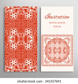 Cards or Invitations collection with tribal ethnic square ornament, floral geometric lace pattern. Vintage decorative design elements for fabric or paper print