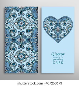 Cards or Invitations with ornate heart and seamless floral geometric pattern with repeating texture. Vector template for Wedding, Bridal, Valentine's day, greeting cards or Birthday Invitations. 