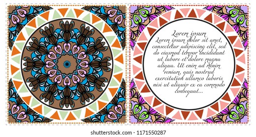 Cards or Invitations set with mandala design . The front and rear side. Vector illustration.