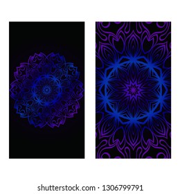 Cards Or Invitations Set With Mandala Design . The Front And Rear Side. Vector Illustration. Blue, black color.