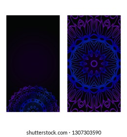 Cards Or Invitations Set With Mandala Design . The Front And Rear Side. Vector Illustration. Blue, black color.