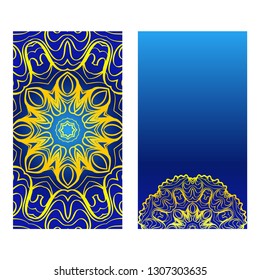 Cards Or Invitations Set With Mandala Design . The Front And Rear Side. Vector Illustration. Blue yellow color.
