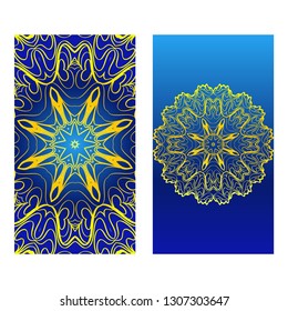 Cards Or Invitations Set With Mandala Design . The Front And Rear Side. Vector Illustration. Blue yellow color.