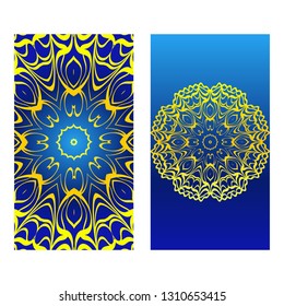 Cards Or Invitations Set With Mandala Design . The Front And Rear Side. Vector Illustration. Blue yellow color.