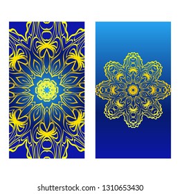 Cards Or Invitations Set With Mandala Design . The Front And Rear Side. Vector Illustration. Blue yellow color.