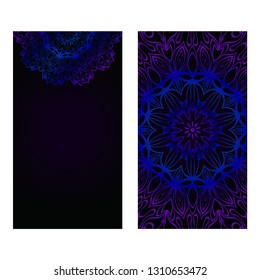 Cards Or Invitations Set With Mandala Design . The Front And Rear Side. Vector Illustration. Blue, black color.
