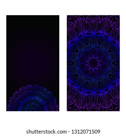 Cards Or Invitations Set With Mandala Design . The Front And Rear Side. Vector Illustration. Blue, black color.