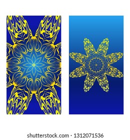 Cards Or Invitations Set With Mandala Design . The Front And Rear Side. Vector Illustration. Blue yellow color.