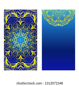 Cards Or Invitations Set With Mandala Design . The Front And Rear Side. Vector Illustration. Blue yellow color.