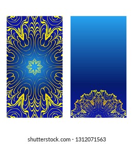 Cards Or Invitations Set With Mandala Design . The Front And Rear Side. Vector Illustration. Blue yellow color.