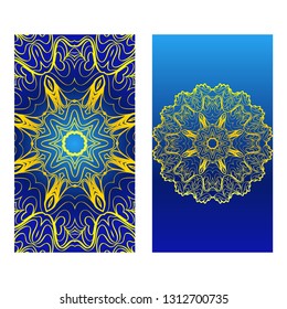 Cards Or Invitations Set With Mandala Design . The Front And Rear Side. Vector Illustration. Blue yellow color.