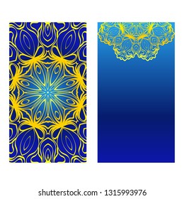 Cards Or Invitations Set With Mandala Design . The Front And Rear Side. Vector Illustration. Blue yellow color.