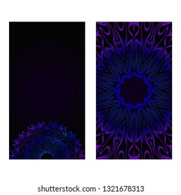 Cards Or Invitations Set With Mandala Design . The Front And Rear Side. Vector Illustration. Blue, black color.