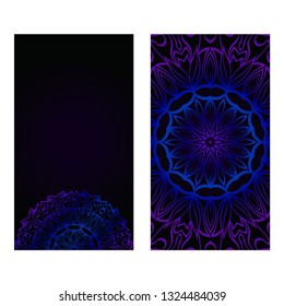 Cards Or Invitations Set With Mandala Design . The Front And Rear Side. Vector Illustration. Blue, black color.