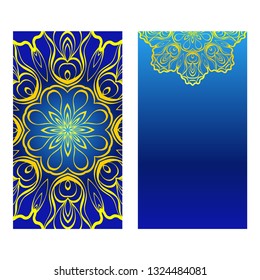 Cards Or Invitations Set With Mandala Design . The Front And Rear Side. Vector Illustration. Blue yellow color.