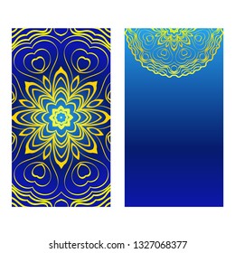 Cards Or Invitations Set With Mandala Design . The Front And Rear Side. Vector Illustration. Blue yellow color.