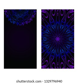 Cards Or Invitations Set With Mandala Design . The Front And Rear Side. Vector Illustration. Blue, black color.
